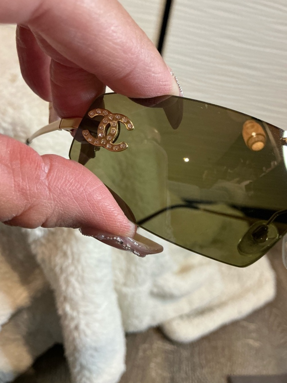 Rimless Shield Sunglasses with Olive Green Lens and Gold Detailing - Picture 5 of 14